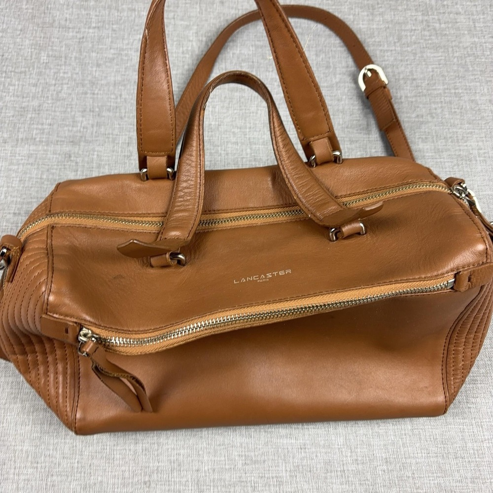 Lancaster Satchel Bag Womens Medium Brown Leather Top Handle Crossbody Zip